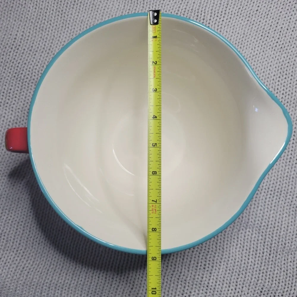 Pioneer Woman Red Polka Dot Turquoise Rim Stoneware Mixing Bowl Spout Handle